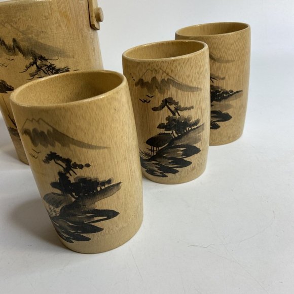 Tiki Bamboo Glasses & Ice Bucket Hand Painted Korean War Souvenir 50's Set of 7 - Picture 3 of 16